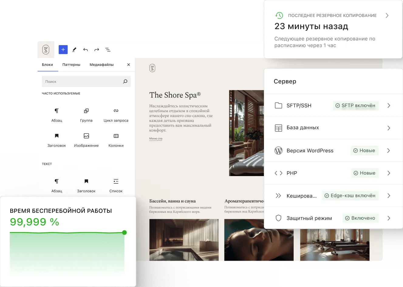 Редактор WordPress отображает целевую страницу спа-салона, а перекрывающиеся карточки состояния показывают время резервного копирования, настройки сервера и надёжную метрику времени безотказной работы в чистом минималистичном рабочем пространстве панели управления.
